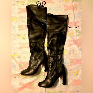 Thigh high lace up mirrored heel boot